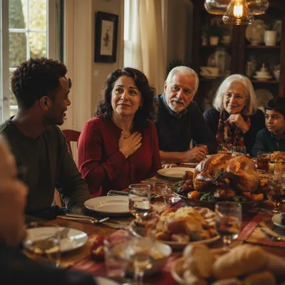 Grateful Family at Thanksgiving Dinner Table