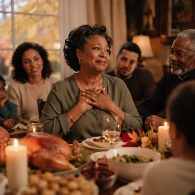 Grateful Woman at Thanksgiving Family Dinner