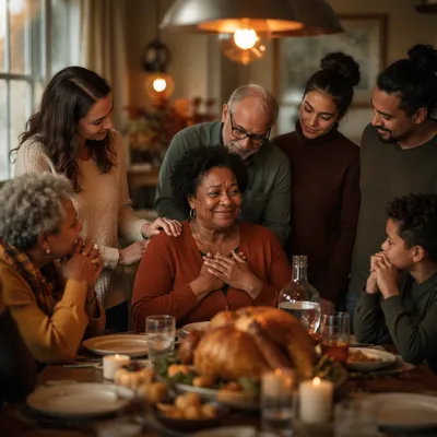 Grateful Woman at Thanksgiving Family Table
