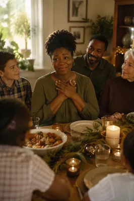 Grateful Woman at Family Dinner Table