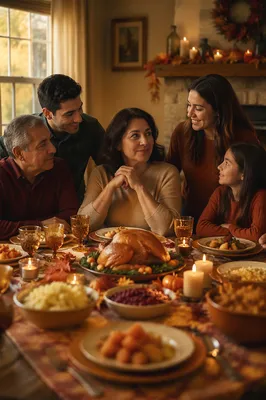 Grateful Family Around Thanksgiving Dinner Table