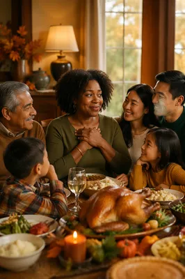 Grateful Family at Thanksgiving Dinner Table