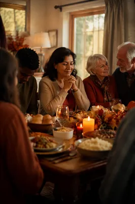 Family Giving Thanks Around Dinner Table