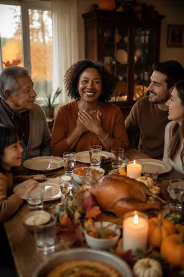 Grateful Family at Thanksgiving Dinner Table