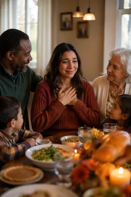 Grateful Family Gathering at Dinner Table