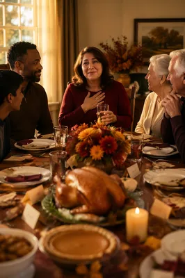 Grateful Family Gathering at Dinner Table