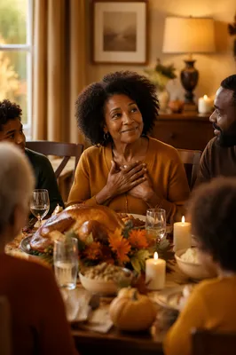 Grateful Woman at Thanksgiving Family Table