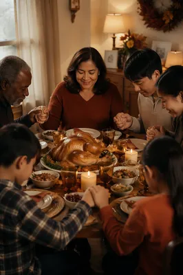 Grateful Family Holding Hands at Dinner