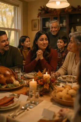 Grateful Family at Thanksgiving Dinner Table