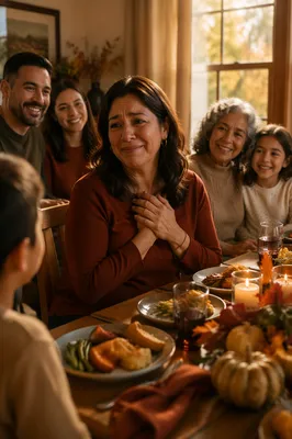 Grateful Woman at Autumn Family Dinner
