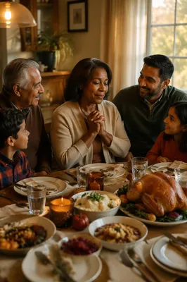 Grateful Family Gathering Around Dinner Table