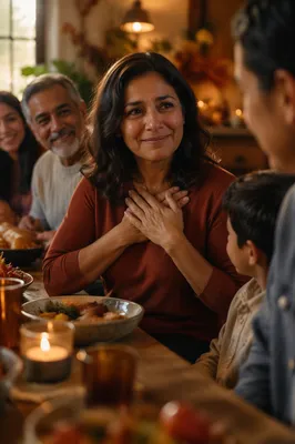 Grateful Woman at Autumn Family Dinner