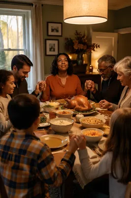Grateful Family Around Thanksgiving Dinner Table