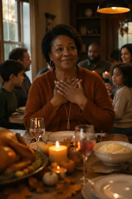 Grateful Woman at Family Thanksgiving Dinner