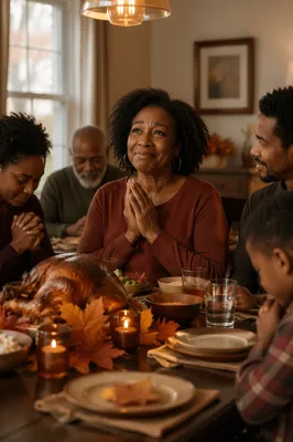 Grateful Family at Thanksgiving Dinner Table