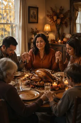 Grateful Family Holding Hands at Thanksgiving Table