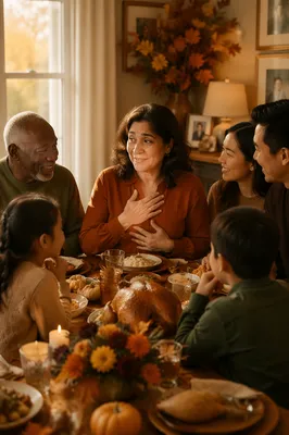 Grateful Family Gathering Around Dinner Table