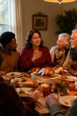 Grateful Family at Thanksgiving Dinner Table
