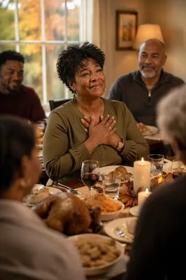 Grateful Woman at Thanksgiving Dinner Table
