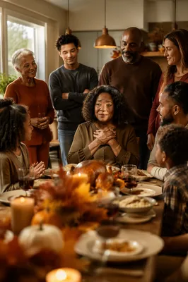 Grateful Woman at Thanksgiving Family Dinner