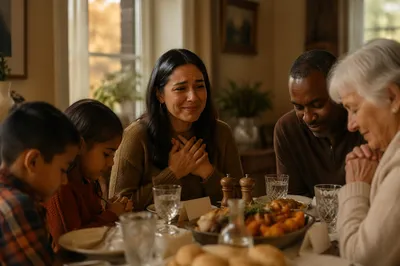 Grateful Family Gathering Around Dinner Table