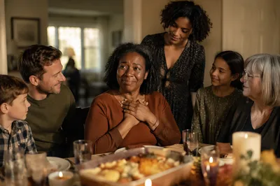 Grateful Woman at Family Dinner Table