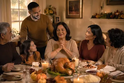 Grateful Family Around Thanksgiving Dinner Table