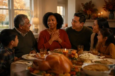 Grateful Family at Thanksgiving Dinner Table