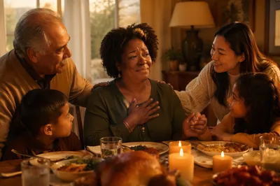 Grateful Family Gathering at Dinner Table