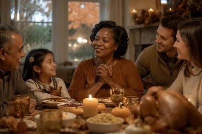 Grateful Family at Thanksgiving Dinner Table