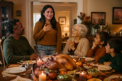 Thanksgiving Family Gathering Around Dinner Table