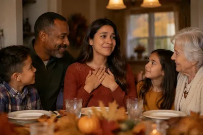 Grateful Family Gathering at Dinner Table