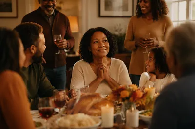 Grateful Woman at Thanksgiving Family Dinner