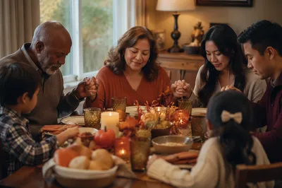 Multigenerational Family Holding Hands at Dinner Table