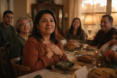 Grateful Woman at Thanksgiving Family Table
