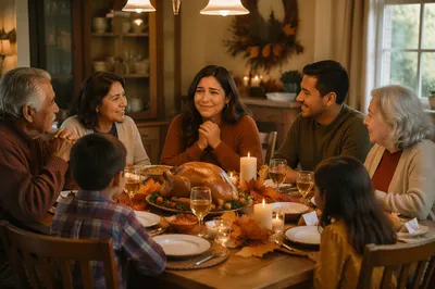 Grateful Family at Thanksgiving Dinner Table