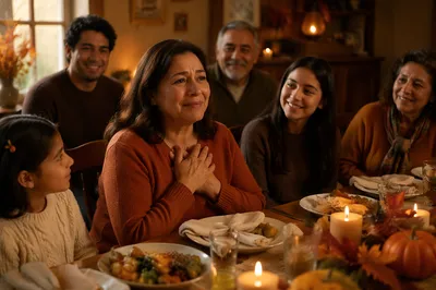 Grateful Woman at Autumn Family Dinner