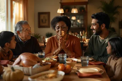 Grateful Family Gathering Around Dinner Table