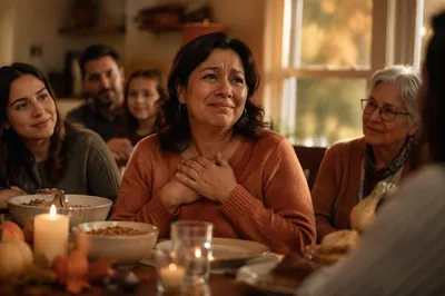 Grateful Woman at Autumn Family Dinner