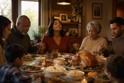 Grateful Family Around Thanksgiving Dinner Table