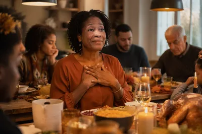 Grateful Woman at Family Dinner Table