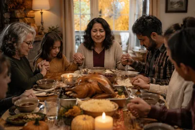 Grateful Family Holding Hands at Dinner