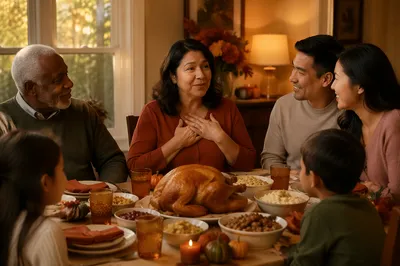 Grateful Woman at Family Dinner Table
