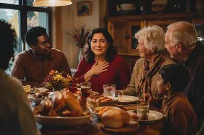 Grateful Family at Thanksgiving Dinner Table