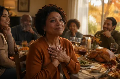 Grateful Woman at Thanksgiving Family Dinner