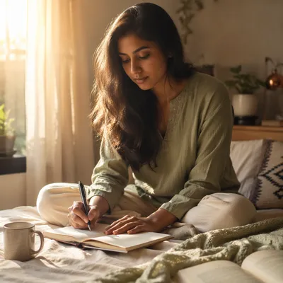Young Woman Journaling by Sunlit Window