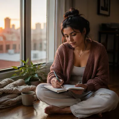 Young Woman Journaling by Window at Dawn