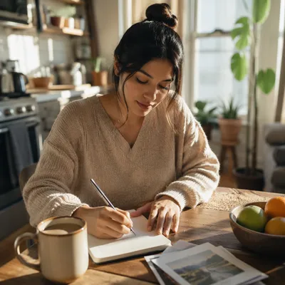 Young Woman Writing at Kitchen Table
