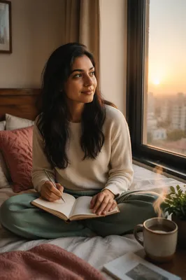 Young Woman Journaling by Window at Dawn
