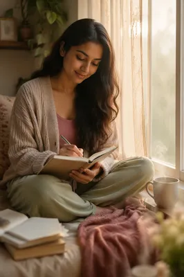 Woman Journaling in Cozy Window Nook